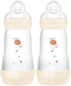 MAM Easy Start Self Sterilising Anti-Colic Baby Bottle Pack of 2 (2 x 260 ml), MAM Bottles with Medium Flow MAM Teats Size 2, Newborn Essentials, Shell (Designs May Vary)