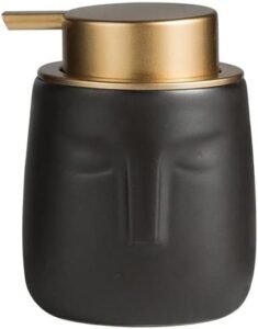 Unique Modern Soap Dispenser, Face-Shaped Ceramic Bottle with Rust Proof Gold Matte Pump, Decorative Lotion Dispenser for Bathroom or Kitchen (Black)