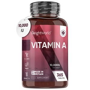 Vitamin A 10,000IU - 365 Vegan Tablets (1 Year Supply) - 3000μg VIT A Retinol Supplement in Bioavailable Retinyl Acetate Form for Eye & Skin - Not Vitamin A Capsules - Made in The UK