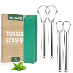 RONAVO Tongue Scraper Cleaner for Adults and Kids, with Travel Handy Case, Professional Tough Scraper Healthy Oral Care, Fight Bad Breath, Easy to Use & Wash, 2 Size (4 PC)