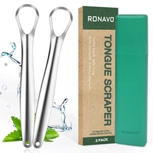 RONAVO Tongue Scraper with Travel Cases for Adults & Kids, Easy to Use, Stainless Steel (Medical Grade), Fights Bad Breath, Healthy Oral Care, Tongue Cleaners for Small Mouth(2 Pack)