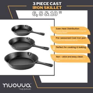nuovva Pre-Seasoned Cast Iron Skillet Frying Pans Oven Safe Cookware for Indoor & Outdoor Use - Grill, StoveTop, Black (3-Piece Chef Set 6-Inch 15cm, 8-Inch 20cm, 10-Inch 25cm)