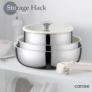 CAROTE 9Pcs Stainless Steel Pots and Pans Set, Non Stick Kitchen Cookware Set with Removable/Detachable Handle, Oven/Dishwasher Safe, RV Cookware Set, Fryin Pan & Saucepan Set
