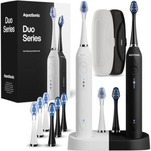 Aquasonic Duo Dual Handle Ultra Whitening 40,000 VPM Wireless Charging Electric ToothBrushes - 3 Modes with Smart Timers - 10 Dupont Brush Heads & 2 Travel Cases Included