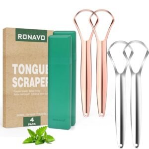 RONAVO Tongue Scraper for Adults (4 PC), Metal Tongue Scraper Rustproof (Travel Cases Included) Reduce Bad Breath, Tongue Cleaner Stainless Steel Oral Care, Easy to Use & Wash, 2 Colors