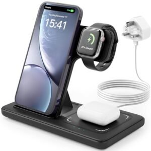 Wireless Charger, 3 in 1 Charging Station, 15W Qi Fast Foldable Magnetic Stand Dock for iPhone 16 15 14 13 12 11 Pro Max XS XR X 8 Plus, iWatch 10 9 8 7 6 5 4 3 2 SE, AirPods 3 2 Pro(With Adapter)