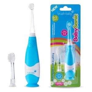 New brush-baby Baby Blue BabySonic Toddler Electric Toothbrush, Extra Soft bristles, 2 Minute Timer and LED Light up Toothbrush Head for Ages 0-3