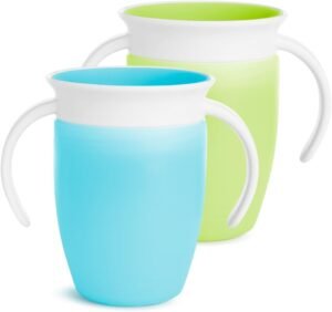 Munchkin Miracle 360 Sippy Cup | Trainer Toddler Cup | BPA Free Baby & Toddler Cups w.Handles | Non Spill Cup | Dishwasher Safe Baby Cup | Leakproof Cup | 6+ Months| 7oz/207ml | 2 Pack | Blue/Green