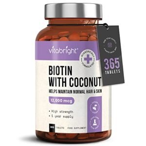 Biotin Hair Growth Vitamins, 12000 mcg Biotin Tablets, 365 Vegan Biotin Tablets, Support Hair Growth, Hair Skin & Nails Vitamins for Hair Loss for Women & Men, VitaBright Biotin Supplements + Coconut