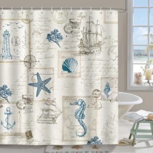 Bonhause Nautical Coastal Shower Curtain Vintage Sailboat Lighthouse Anchor Bathroom Curtain 180 x 200 cm Waterproof Mildew & Mould Resistant Polyester Fabric Bath Curtain with 12 Hooks