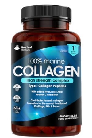 Pure Marine Collagen 100% Marine Collagen Type 1 Hydrolysed Collagen Peptides Enhanced with Hyaluronic Acid & Vitamin C -Essential Amino Acids - Collagen Supplements for Women and Men, 60 Capsules