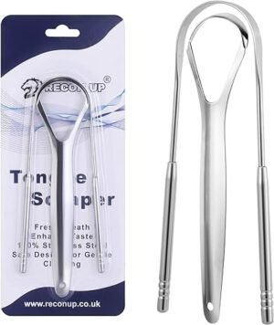 RECON UP Pack of 2 Mix U & Spoon Shape Tongue Scraper for Adults 100% Stainless Steel, Tongue Cleaner Fresh Breath Care Scraper, Tounge Scraper Bacteria Inhibiting Non-Synthetic Grip Tongue Cleaning