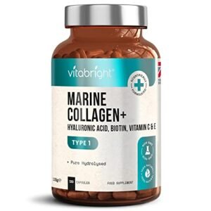 Marine Collagen with Hyaluronic Acid, 1000 mg 9-Nutrient Collagen Complex, 120 VitaBright Marine Collagen Capsules (Not Collagen Powder, Not Tablets) Hydrolyzed Collagen Supplements for Women & Men