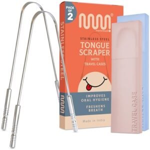 MasterMedi Tongue Scraper with Travel Case (2 Pack), Bad Breath Treatment Tongue Scraper for Adults, Medical Grade 100% Stainless Steel for Oral Care, Easy to Use Tongue Cleaner for Hygiene