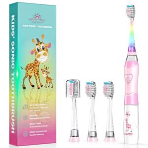Kids Electric Toothbrush 3-5-6-12, Toddler Toothbrush Girls Electric Toothbrush with Timer Rainbow LED Light Up Sonic Battery Powered Junior Childrens Electric Toothbrush (Pink Giraffe)