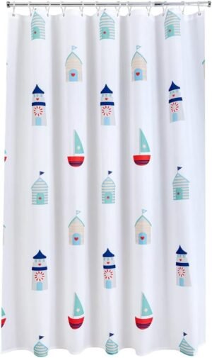AQUALONA® Beach Huts shower curtain 12 FREE HOOKS INCLUDED - Polyester with a Water-repellent Coating, Lustre Finish and Rustproof Chrome Eyelets - Mildew Resistant and Weighted Hem, 180 x 180 cm