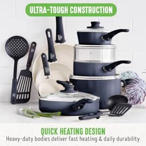 GreenLife Soft Grip Healthy Ceramic Nonstick 16 Piece Kitchen Cookware Pots and Pans Set, Includes Frying Pan Skillets Sauce and Casserole, PFAS-Free, Oven Safe, Black and Cream