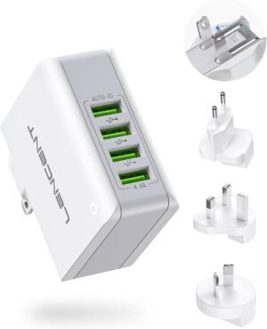 Lencent USB Charger Plug, 4-Port USB Universal Travel Adaptor Plug, 22W/5V 4.4A Wall Charger Worldwide Travel Charger Adapter for iPhone, iPad, Android, Tablets and More