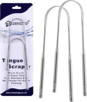 RECON UP Pack of 2 U Shape Tongue Scraper for Adults 100% Stainless Steel, Tongue Cleaner Fresh Breath Care Scraper, Tounge Scraper Bacteria Inhibiting Non-Synthetic Grip Tongue Cleaning Tool