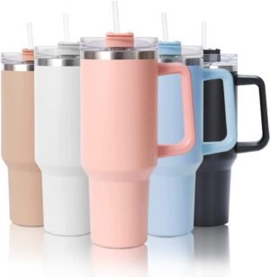 mebiusyhc 40oz Stainless Steel Vacuum Insulated Cup Double Wall Travel Flask Car Coffee Mug Tumbler with Straw with Handle for Hot Iced Coffee (pink) (pink)