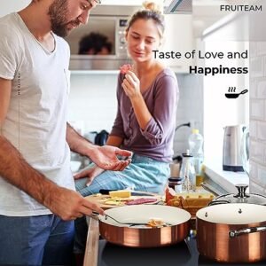 FRUITEAM Nonstick Pots and Pans Set, Cookware Set Non-Stick Ceramic Coating Cooking Set, Induction Pots Pans Set with Lids, Heavy Duty Stainless Steel Handles, Induction, Oven, Gas, Stovetops, 6 Pcs