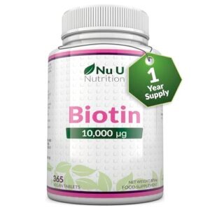 Biotin 10,000mcg - 365 Vegan Micro Tablets - 1 Year Supply - Hair, Skin & Nails Growth Supplement for Women & Men - Made in The UK - Nu U Nutrition