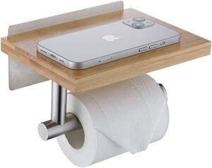 Toilet Roll Holder with Natural Bamboo Shelf Wall Mounted No Drilling