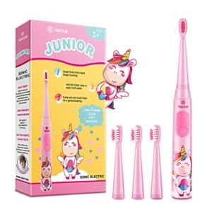 Vekkia Unicorn Jada Sonic Rechargeable Kids Electric Toothbrush, 3 Modes with Memory, Fun & Easy Cleaning, 31000 Strokes, IPX7 Waterproof, 2-Min Timer for Age 3+, 4 Soft Bristles