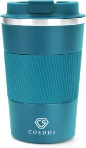CS COSDDI Travel Mugs, Insulated Coffee Cup with Leakproof Lid - Reusable Coffee Cups Travel - Car Coffee Cup - Stainless Steel Coffee Mug for Hot and Cold Coffee Water and Tea (Blue-A, 380 ml)