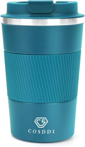 CS COSDDI Travel Mugs, Insulated Coffee Cup with Leakproof Lid - Reusable Coffee Cups Travel - Car Coffee Cup - Stainless Steel Coffee Mug for Hot and Cold Coffee Water and Tea (Blue-A, 380 ml)