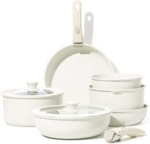 CAROTE 10PCS Non Stick Pots and Pans Set, Detachable Handle Induction Hob Pans Set, Cookware Set with Removable Handle, Stackable RV Cookware Oven Safe