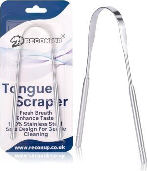 RECON UP Pack of 1 U Shape Tongue Scraper for Adults 100% Stainless Steel, Tongue Cleaner Fresh Breath Care Scraper, Tounge Scraper Bacteria Inhibiting Non-Synthetic Grip Tongue Cleaning Tool