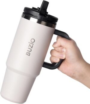 40oz Tumbler with Straw and Lid - BUZIO Travel Mug with Handle - Insulated Tumbler with Straw - Car Coffee Mug Travel Flask - Insulated Water Bottle for Cold and Hot Drink - White