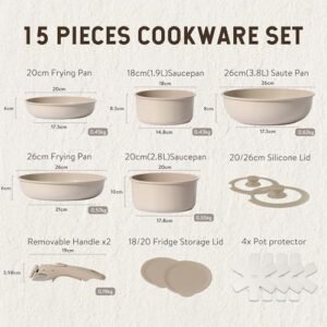 CAROTE 13Pcs Pots and Pans Set, Kitchen Ceramic Cookware Set Detachable Handle, Nonstick Cooking Pot Set Removable Handle, Oven Safe Cookware Set, Suitable for All Stoves Include Induction Cream White