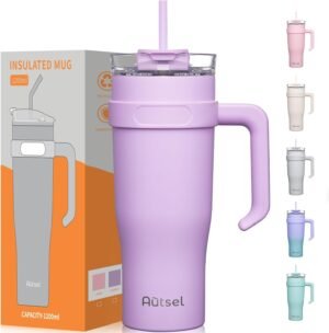 Autsel 40oz Travel Mug Tumbler Cup with Straw and Lid Insulated Coffee Mug with Handle Leakproof Stainless Steel Vacuum Coffee Mug for Hot Cold Drink