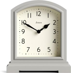 Jones Clocks® Tavern mantel clock | Modern arch top design | Pale grey | Contemporary classic style for desk, table, shelf or bedside