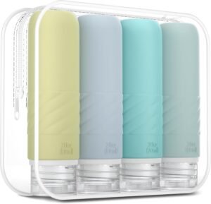 Gemice Travel Bottles for Toiletries, CAA Approved 90ml Silicone Travel Bottles, Leak Proof Squeezable Travel Size Containers, Travel Essentials for Lotion Soap Liquid Shampoo, BPA Free(4 Pack)