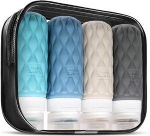 4 Pack Travel Bottles for Toiletries with Labels, 100 ml Silicone Travel Bottles Set with Clear Zipper Toiletry Bag, Leakproof Refillable Squeeze Travel Size Containers for Shampoo Conditioner