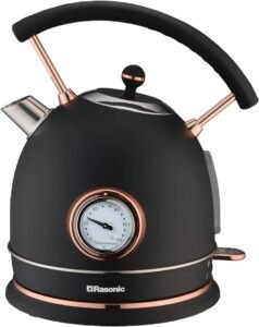 Rasonic Classic Retro Electric Kettle 1.8L Stainless Steel, 3KW Fast Quiet Boiling, Temperature Gauge, LED Light, Auto Shut-Off, Home Kitchen, Office, Luxurious Hotel (Matt Finish Black and Rose Gold)