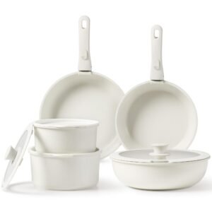 CAROTE Pots and Pans Set, Nonstick Cookware Sets Detachable Handle,Induction Kitchen Set Non Stick with Removable Handle, RV Set, Oven Safe, Cream White