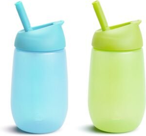 Munchkin Simple Clean Toddler Cup Set | Baby & Toddler Sippy Cups with Straw | BPA Free Non Spill Cup | Dishwasher Safe Baby Straw Cup | Leakproof Silicone Cups - 10oz/296ml | 2 Pack | Green/Blue