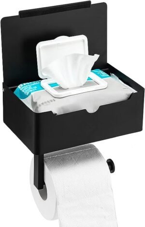 Black Toilet Paper Holder Tissue Roll Hanger with Shelf Flushable Wipes
