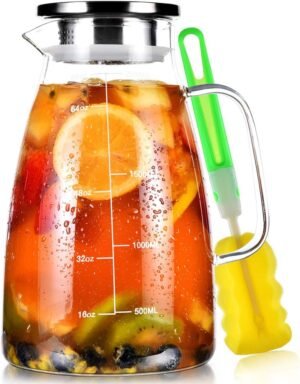 Water Jug, 2 L Glass Jug with Lid and Precise Scale Line, Stainless Steel Iced Tea Pitcher, Easy Clean Heat Resistant Borosilicate Milk Jug for Juice, Sangria, Cold or Hot Beverages