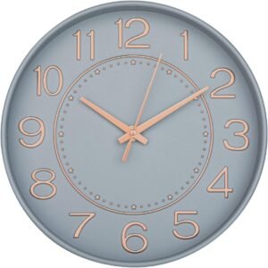 HZDHCLH Wall Clock 10 Inch Silent Non Ticking Clock Round Wall Decor，Wall Clocks for Living Room Kitchen Office (Grey Gold)
