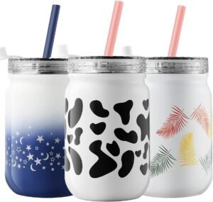 Murmioo Stainless Steel Cup with Straw,Smoothie Bottle,Iced Coffee Cup,Travel Mug and Screw Sealed lid-for,Double Wall Vacuum Food Jar, Insulated Mug, 14oz(Cow Print)