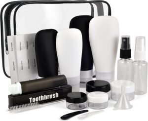 FusionFinity Travel Bottles for Toiletries – 18pcs Travel Bottle Set with Clear Travel Toiletries Bag – Practical and Compact Airplane Travel Accessories Made of Silicone – Reusable and Versatile