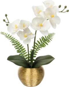 Briful Artificial Orchid Plants White Orchid Real Touch Flowers Artificial Phalaenopsis Orchid Stems in Gold Ceramic Pot Fake Orchid Flowers for Home Decor Wedding Table Centerpiece
