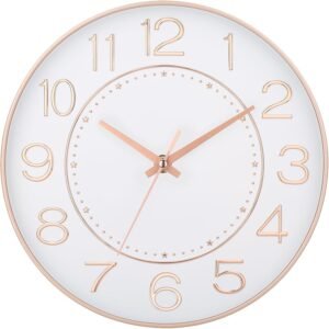 HZDHCLH Wall Clock 10 Inch Silent Non Ticking Clock Round Wall Decor，Wall Clocks for Living Room Kitchen Office (white gold)