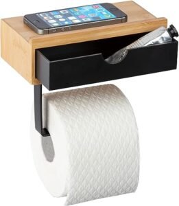 Bambooa Toilet Roll Holder with Practical Shelf Made Bamboo Wipes Drawer