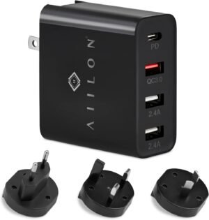 USB Charger Plug, 3-USB Port + Type C Universal Travel Adapter Plug - Fast Wall Charger - Universal Charger for US, UK, Australia Plugs - Universal Power Adapter for iPhone, iPad, Android - Black